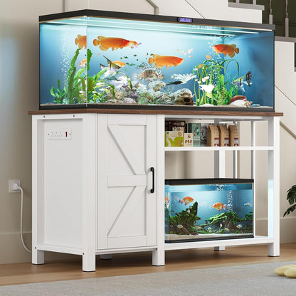 55-75 Gallon Fish Tank Stand with Power Outlet & Adjustable Shelf, Heavy Duty Aquarium Stand with Cabinet Storage for Fish Tank, Turtle Tank, Reptile Terrarium, 1000LBS Capacity, White