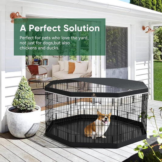 PJYuCien Dog Playpen, 8 Panels 30’’H Dog Pens Indoor with Bottom Pad and Top Cover, Metal Foldable Pet Puppy Exercise Fence Crate Kennel, Better for Small Animals,Black