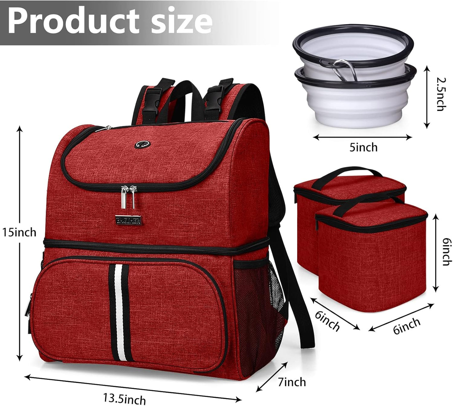 BAGLHER Pet Travel Bag, Double-Layer Pet Supplies Backpack (for All Pet Travel Supplies), Pet Travel Backpack with 2 Silicone Collapsible Bowls and 2 Food Baskets Red - Pawvie