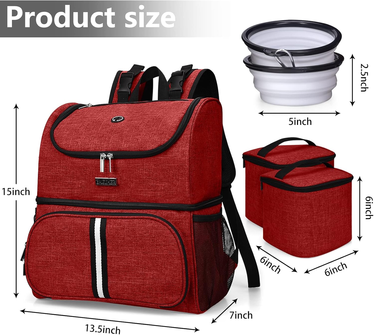 BAGLHER Pet Travel Bag, Double-Layer Pet Supplies Backpack (for All Pet Travel Supplies), Pet Travel Backpack with 2 Silicone Collapsible Bowls and 2 Food Baskets Red - Pawvie