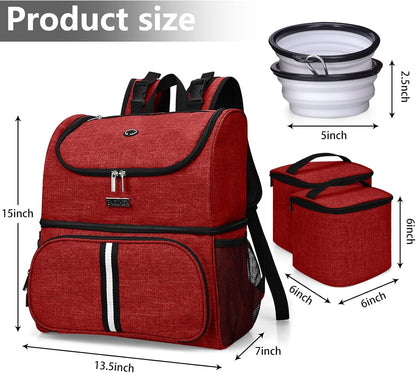 BAGLHER Pet Travel Bag, Double-Layer Pet Supplies Backpack (for All Pet Travel Supplies), Pet Travel Backpack with 2 Silicone Collapsible Bowls and 2 Food Baskets Red - Pawvie