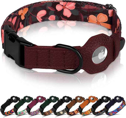 AirTag Dog Collar with Metal Buckle - Printed Nylon Soft Leather Dog Collar with Apple AirTag Holder - Secure Tracking GPS Pet Collars for Girl Boy Small Large Dogs (M, 14"-18" Neck Fit, Crossandra)