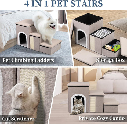 Dog Steps for Bed and Couch, 17”H Foldable Dog Stairs for Small Older Dogs Cats, Adjustable Pet Cat Stairs Ramps with Storage with Condo, Scratcher, Hold Up to 180LBS, Pet Cat Steps Beige