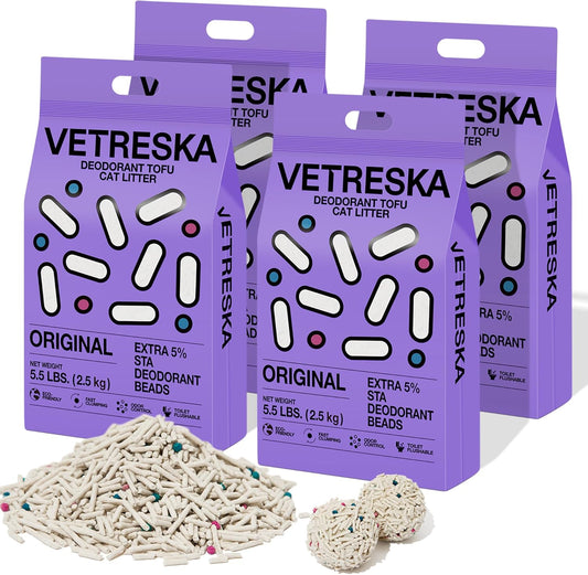 VETRESKA Tofu Cat Litter,Natural Kitty Litter Strong Clumping Flushable Cat Litter Pellets Ultra Absorbent,Odor Control,Dust-Free,Low Tracking Eco-Friendly Tofu Litter,Original(5.5lb×4bags)