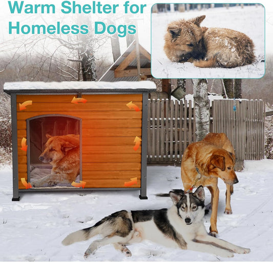 Feral Dog House Outdoor,Anti Bite Iron Frame Dog Kennel,Wood Warm Pets Home,Insulated Weatherproof Outside Shelter for Feral Animal (43.3" (L) x 29.4" (W) x 33.4" (H)-Brown-in)