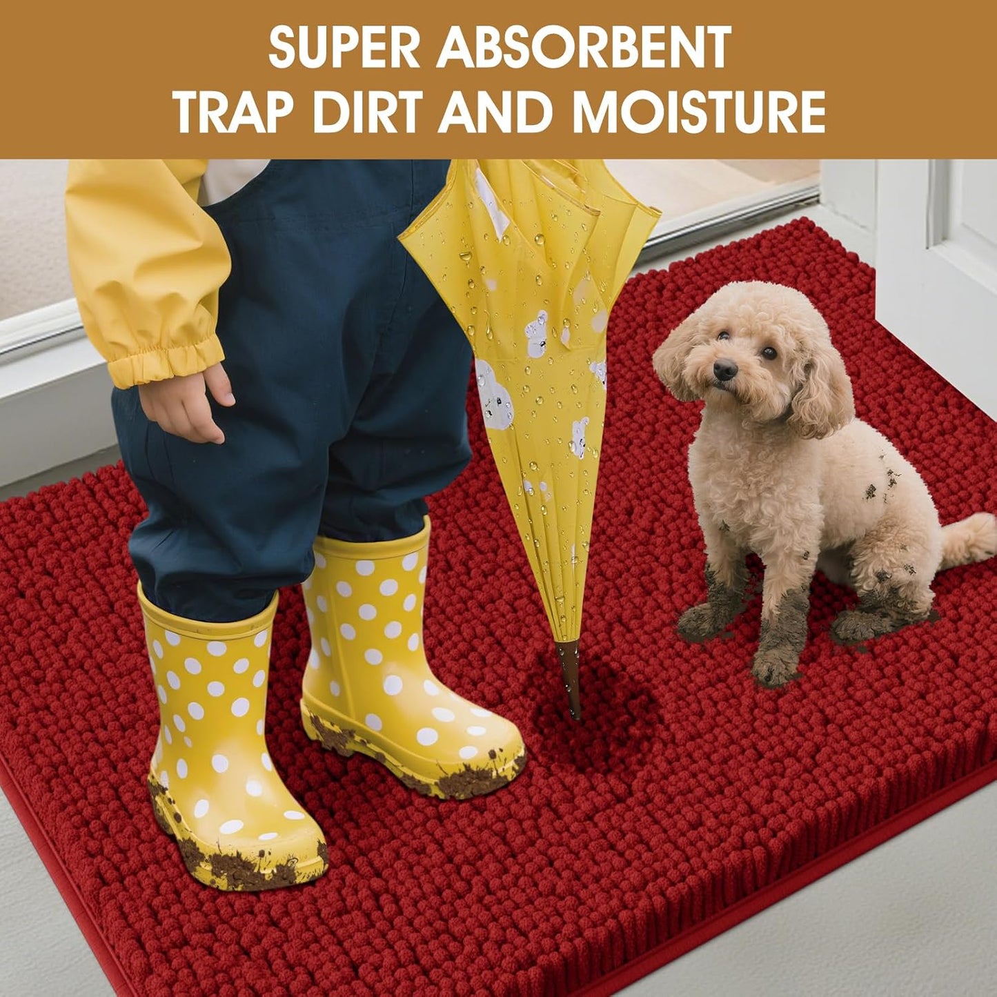 Dog Door Mats for Muddy Paws, Chenille Absorbent Door Mats, Non Slip Heavy Mud Mat for Dogs, Soft Indoor Door Mat for Entryway, Mud Paws, Inside Floor,30" X 20", Red