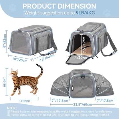 Petsfit Expandable Small Cat Carriers Dog Carrier, Airline Approved Soft-Sided Portable Washable Pet Travel Carrier with Two Extension Up to 9LB