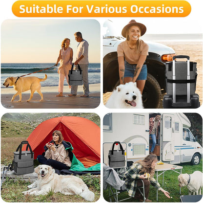 Dog Travel Bag for Camping - Weekend Pet Accessories With 2 Collapsible Bowls, 2 Food Containers, 1 Waterproof Feeding Mat - M, Grey - Pawvie