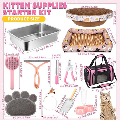 38 Pcs Kitten Supplies Starter Kit Cat Essentials Set Include Cat Scratcher Cardboard Stainless Steel Litter Box Bed Carrier Kitten Toys Accessories for Welcome Gift Supplies