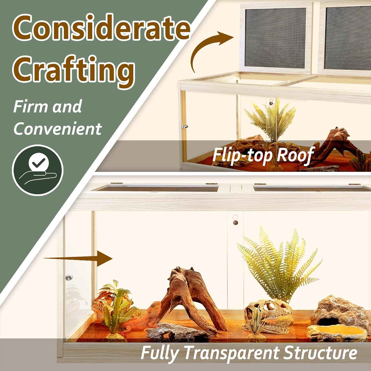PROLEE Tempered Glass Bearded Dragon Tank,32 Gallon Reptile Tank with Meatl Mesh Roof and Front Sliding Door, Anti-Scratch Lizard Tank,Spacious Reptile Enclosure for Snakes,Lguanas, Chameleons (Oak)