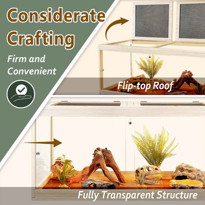 PROLEE Tempered Glass Bearded Dragon Tank,28 Gallon Reptile Tank with Meatl Mesh Roof and Front Sliding Door, Anti-Scratch Lizard Tank,Spacious Reptile Enclosure for Snakes,Lguanas, Chameleons(Oak)