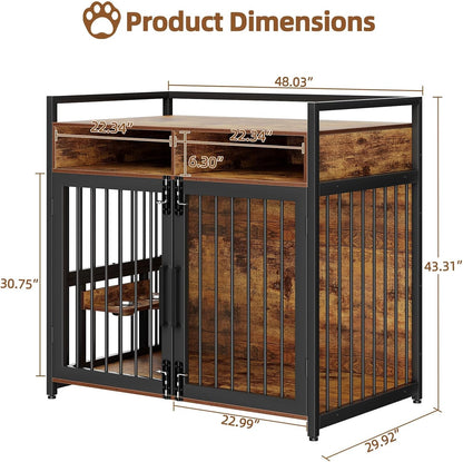 Large Dog Crate Furniture, 48 Inch Wooden Dog Crate, Heavy Duty Dogs Kennel with 2 Drawers Storage, 360° Adjustable Raised Feeder, Indoor Dogs House End Table