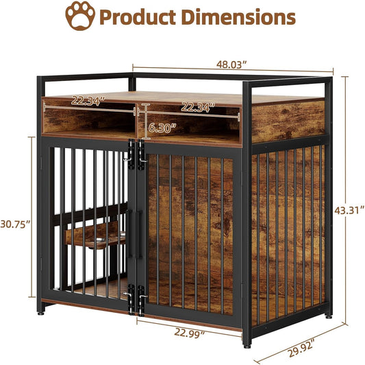 Large Dog Crate Furniture, 48 Inch Wooden Dog Crate, Heavy Duty Dogs Kennel with 2 Drawers Storage, 360° Adjustable Raised Feeder, Indoor Dogs House End Table