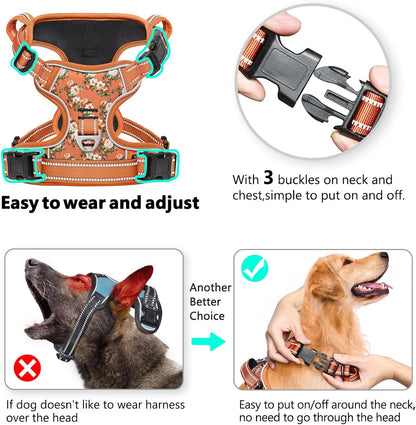 Timos Dog Harness for Medium Dogs, No Pull Service Vest with Reflective Strips and Control Handle,No Choke Dog Harness with 2 Metal Rings for Easy Walking,Outdoor Training,Flower Orange, M