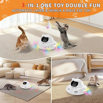 3-in-1 Cat Laser Toy & Interactive Automatic Motion-Activated Kitten Toy – 6 Holes Whack-A-Mole Feather & Moving Ambush Fun – USB Rechargeable, Apply to – Indoor Exercise for Cats of All Breeds