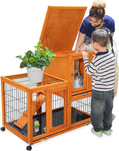 Indoor Rabbit Hutch Outdoor Bunny Hutch with Wheels, 2 Pull-Out Trays, Waterproof Openable Roof, 39" L Large 2-Level Wooden Rabbit Cage Small Animal Enclosure, Orange