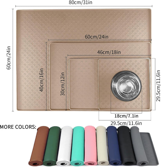 Ptlom Dog Food Mat Anti-Slip Bowl Mats for Food and Water, Waterproof Silicone Pet Placemat with High Raised Edges, Non-Slip Puppy Feeding Tray for Small, Medium Large Cats Dogs, Taupe, 11.8"x11.8"