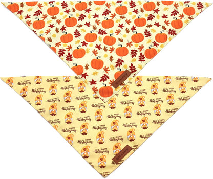 Realeaf Thanksgiving Dog Bandanas 2 Pack, Pumpkins and Happy Thanksgiving Pet Scarf for Boy and Girl, Premium Durable Fabric, Reversible Holiday Bandana for Small and Medium Dogs Pets (Small)