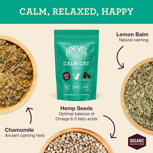 Hemp Well Calm Cat Soft Chews - Anxiety & Stress Relief Formula, Organic Ingredients, Soothes & Relaxes, Improves Behavior, 60 Count