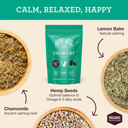 Hemp Well Calm Cat Soft Chews - Anxiety & Stress Relief Formula, Organic Ingredients, Soothes & Relaxes, Improves Behavior, 60 Count
