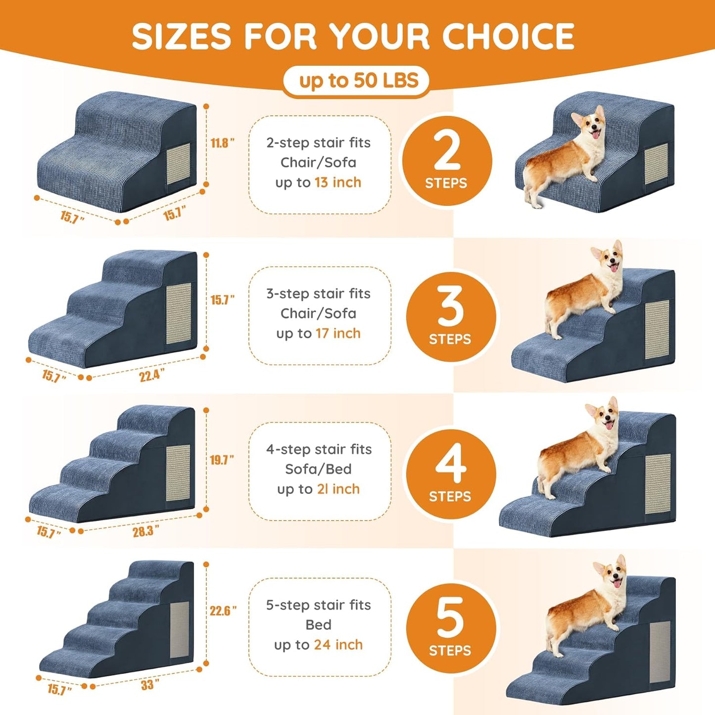 Navy Portable 2-Step Dog & Cat Step for Bed, Couch, Sofa & Chairs - Non-Slip, High Density Foam