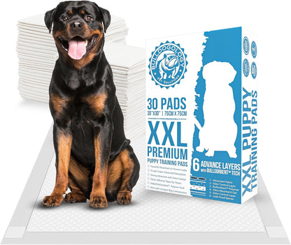 Bulldogology Puppy Pee Pads XXL with Adhesive Sticky Tape - Extra Large Dog Training Wee Pads (30x30) 6 Layers with Extra Quick Dry Bullsorbent Polymer Tech (30-Count, White)