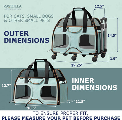 Katziela Pet Carrier - Airline Compliant Dog Carrier - TSA Approved Pet Carrier for Small Dogs and Cats - Soft FAA Travel Airplane Dog Carrier Luggage (Blue/Brown-6 Wheels)