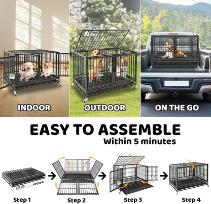 Homey Pet 43 Inch Heavy Duty Dog Crate Cage Kennel for Medium Dogs with Three Door, Divider, Removable Grid & Tray, 4 x Lockable Wheels, 2 x Bowls, Stackable Drop Cages for Breeders, Groomers