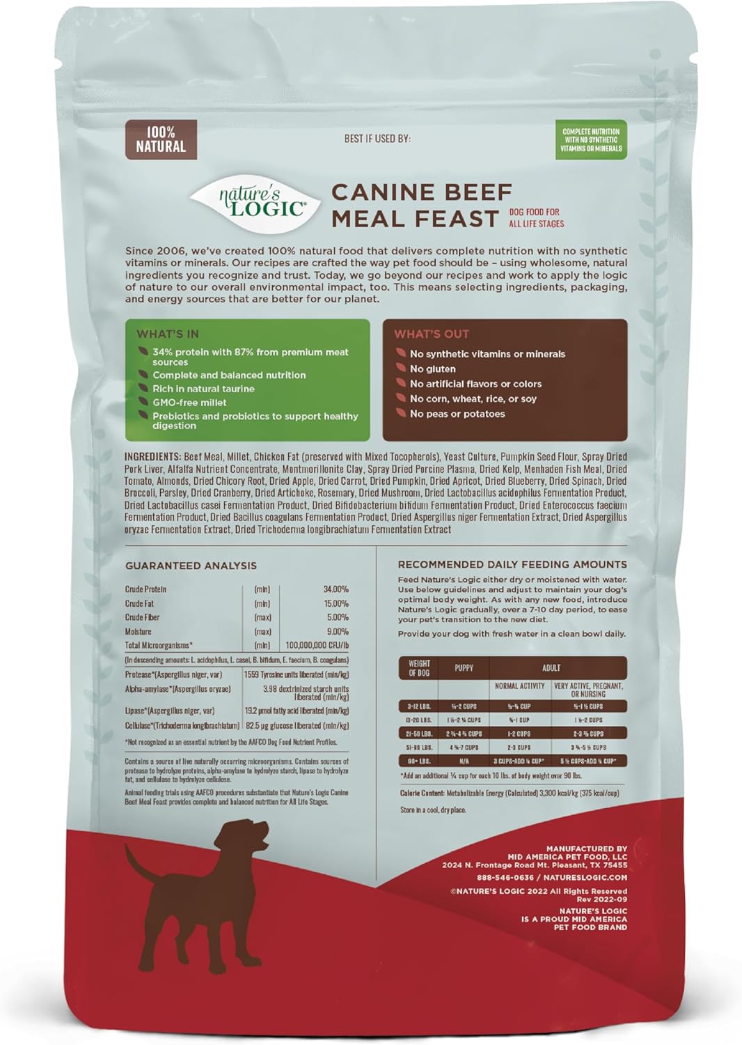 Nature's Logic Dry Dog Food - 100% Natural - No Synthetics - For All Ages, Sizes, Breeds - Free From Common Allergens, High Protein - Beef Meal Feast, 4.4lbs