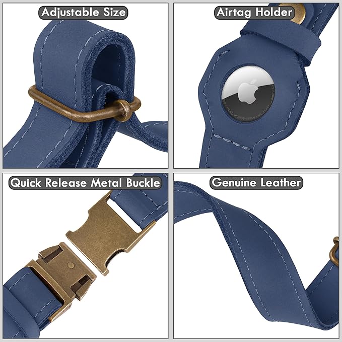 AirTag Dog Collar - Genuine Leather Dog Collar with Apple AirTag Holder and Metal Buckle - Smart GPS Tracking Pet Collars (Smoky Blue, S, 12"-15" Neck Fit) (Smoky Blue, M, 14"-18" Neck Fit)