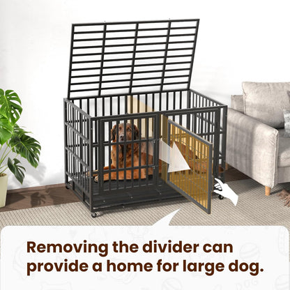 48 Inch Heavy Duty Indestructible Double Dog Crate Steel Escape Proof,Indoor Three Doors Cage,Kennel with Wheels,Removable Tray and Baffle