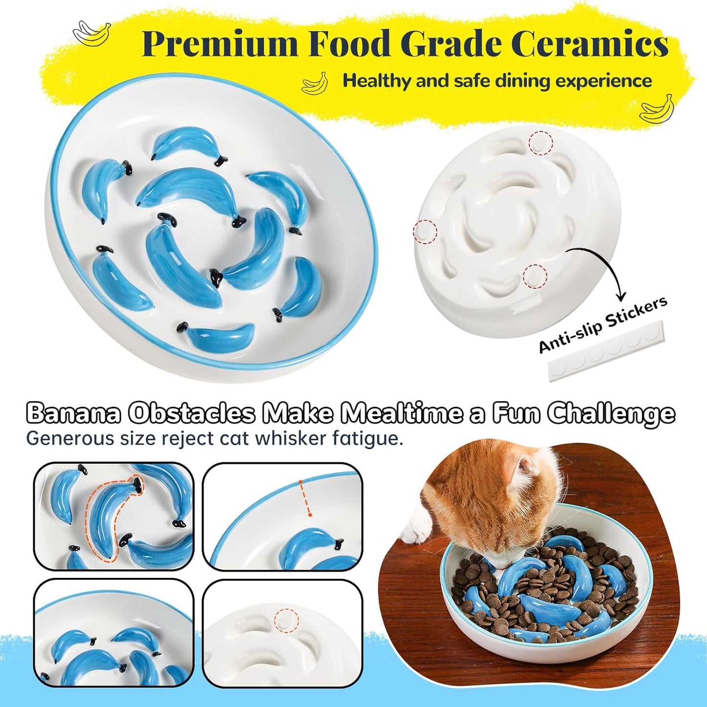 Ceramic Cat Slow Feeder Bowl - Vibrant Cat Feeding Bowl - Cute Maze Food Dish for Slow Eating - Dishwasher Safe - 6.3''W x 1.2''H - 7 OZ - Yellow