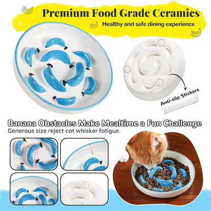 Ceramic Cat Slow Feeder Bowl - Vibrant Cat Feeding Bowl - Cute Maze Food Dish for Slow Eating - Dishwasher Safe - 6.3''W x 1.2''H - 7 OZ - Blue