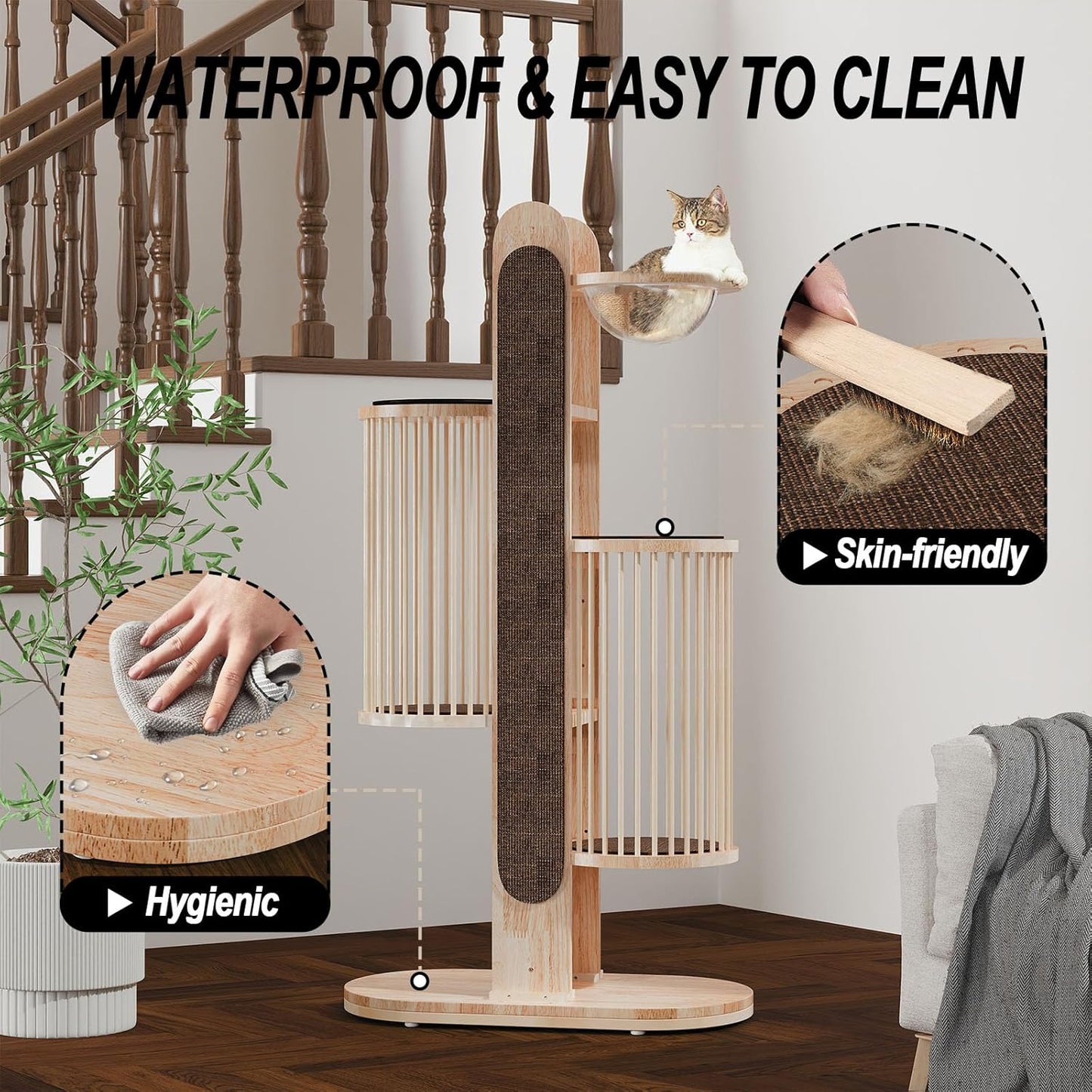 Modern Cat Tree Tower for Indoor Cats, 67" Tall Solid Wooden Cat Tower with Scratching Posts, 6 Level Natural Luxury Cat House with Big Bed, Washable Cushions Cat Furniture for Large Cats Brown