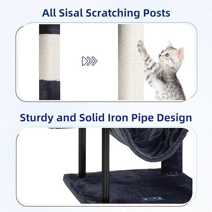 Cat Tree, Cat Tower for Indoor Cats, 43.3 inch Cat Tree Tower with Sturdy Steel Tube, Hammock, Cat Condo for Small Cats and Kittens, Scratching Post, Smoky Gray GCT004SG
