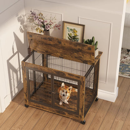 IchbinGo Dog Crate Furniture, Wooden Dog Crate Table, 31.5" Dog Kennel with 3 Doors, Flip-up Top Opening and Wheels, Decorative Pet Crate Dog House for Medium/Small Dog Indoor Use (Rustic Brown)