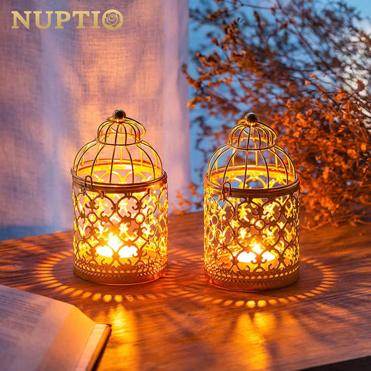 2 Pcs Small Metal Tealight Hanging Birdcage Lantern, Vintage Decorative Centerpieces of Wedding, Party, Gold
