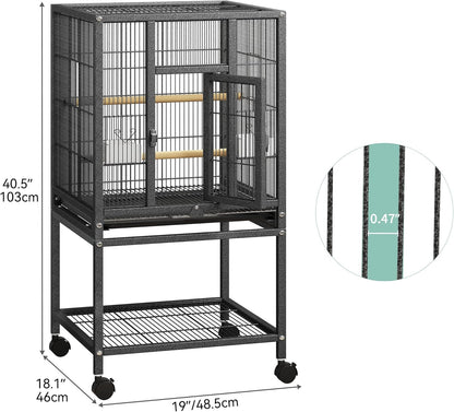 YITAHOME 41 inches Metal Bird Cage for Parakeets: Large Parrot Cages with Tray, Food Boxes, and Wooden Perches with Rolling Stand & Brakes for Lovebirds Cockatiels Pigeon Finches, Black