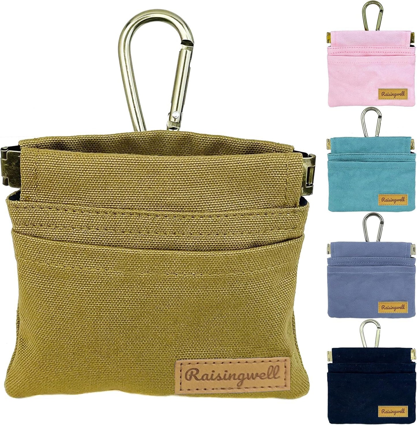 Dog Treat Pouch, Brown Pocket Sized Pet Training Pouch, Cotton Fabric, Hand Free Dog Walking Bag with Carabiner, Self-Closing Pet Feed Snack Reward, for Puppy Travel or Outdoor Use