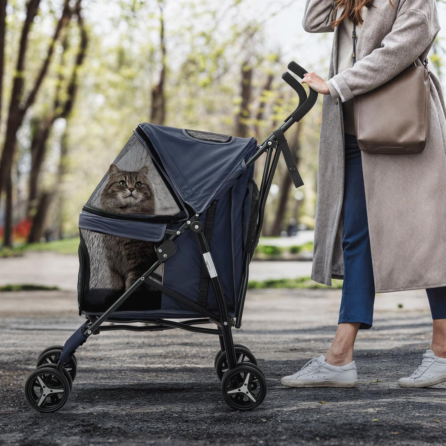 MoNiBloom 4 Wheels Pet Stroller, Easy-Fold Puppy Cage Jogger Stroller with Sun Cover, Pad and Rear Storage Bag, Breathable and Visible Mesh for Small/Medium Pets up to 22 lbs, Navy Blue - Pawvie
