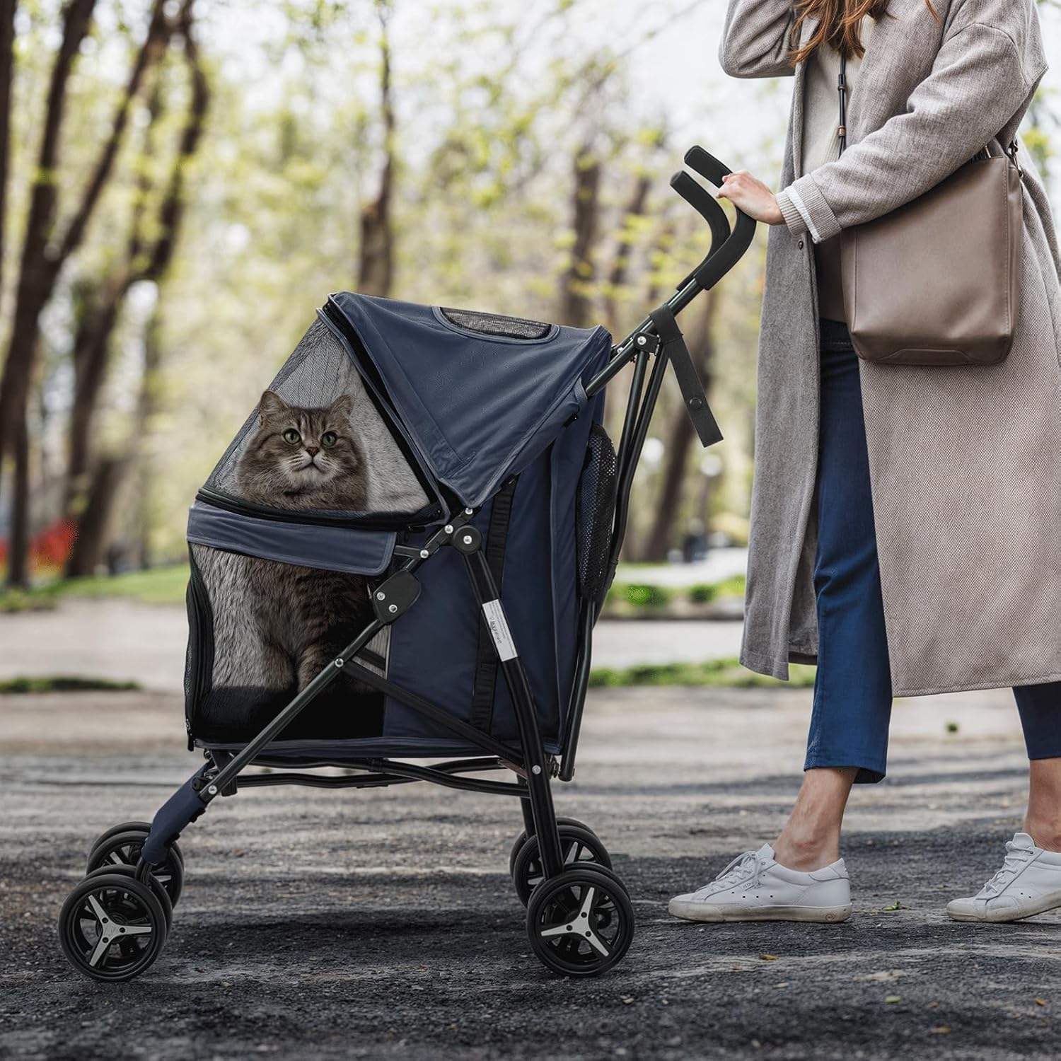 MoNiBloom 4 Wheels Pet Stroller, Easy-Fold Puppy Cage Jogger Stroller with Sun Cover, Pad and Rear Storage Bag, Breathable and Visible Mesh for Small/Medium Pets up to 22 lbs, Navy Blue - Pawvie