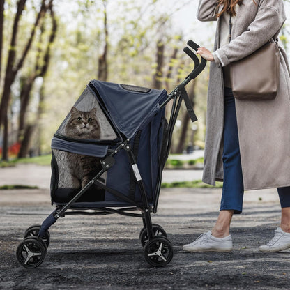 MoNiBloom 4 Wheels Pet Stroller, Easy-Fold Puppy Cage Jogger Stroller with Sun Cover, Pad and Rear Storage Bag, Breathable and Visible Mesh for Small/Medium Pets up to 22 lbs, Navy Blue - Pawvie