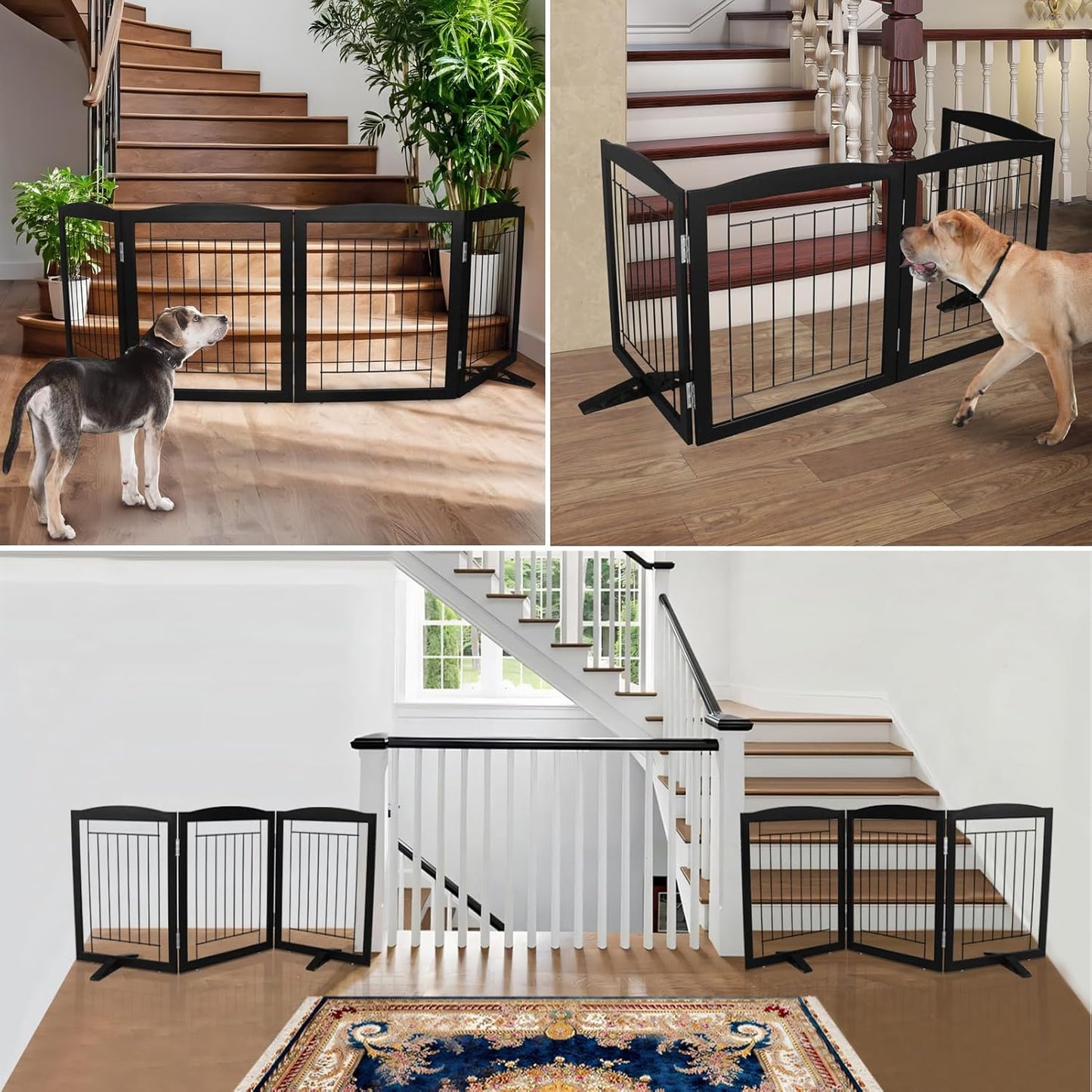 ZJSF Freestanding Dog Fence Indoor, Foldable Dog Gate for Doorways, Stairs or Hallways, Sturdy Wood Extra Wide Pet Gate with Support Feet for The House, Black, 32 "Height-6 Panels