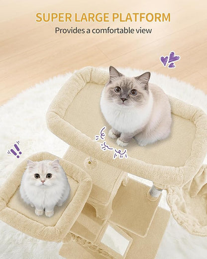 Large Cat Tree, 72 Inch Tall Indoor Cat Tower for 6 Large Cats, Corner Climbing Activity Pet Condo with 2 Large Platforms/2 Cats House/6 Scratching Post/1 Hanging Basket, Beige MS18318YG
