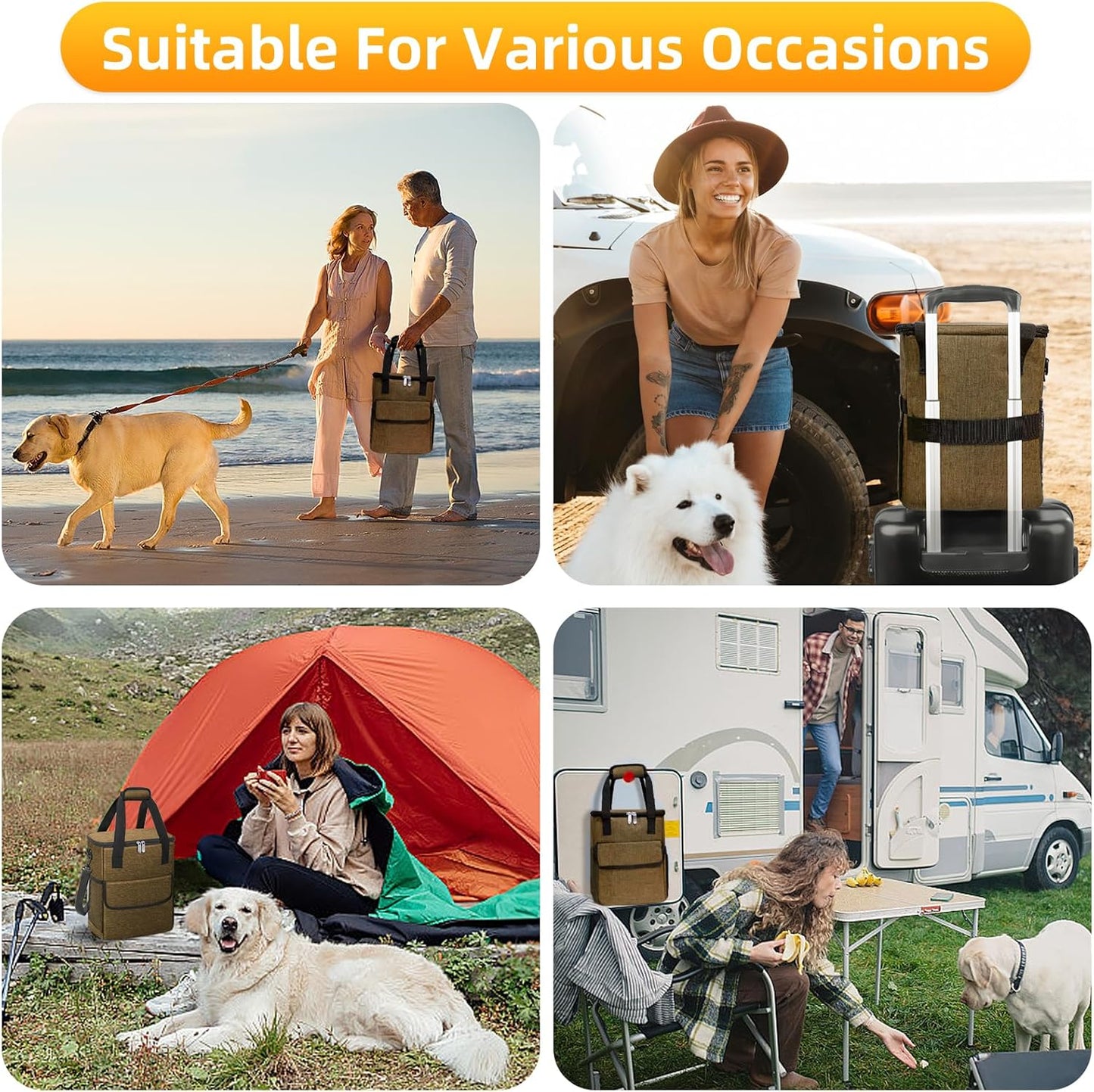 Dog Travel Bag for Camping - Pet Travel Accessories with 2 Collapsible Bowls, 2 Food Containers & Waterproof Feeding Mat - Portable Dog Carrier, Coffee (Small) - Pawvie