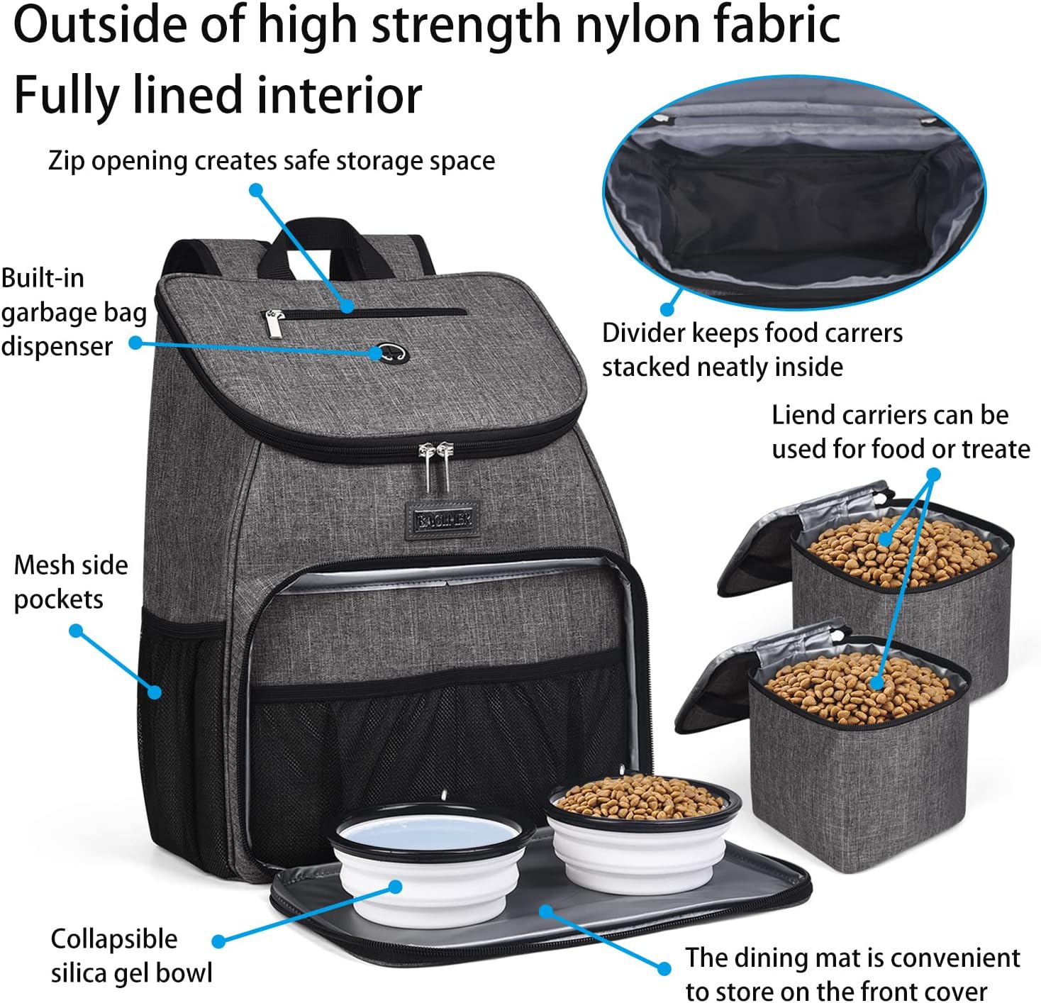 BAGLHER丨Dog Travel Bag, Airline Approved Pet Supplies Backpack, Dog Travel Backpack Accessories Set with 2 Silicone Collapsible Bowls and 2 Food Baskets, Gray - Pawvie