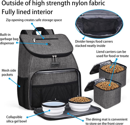 BAGLHER丨Dog Travel Bag, Airline Approved Pet Supplies Backpack, Dog Travel Backpack Accessories Set with 2 Silicone Collapsible Bowls and 2 Food Baskets, Gray - Pawvie