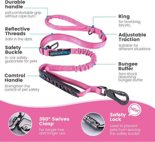 IOKHEIRA 6Ft /4Ft Dog Leash Rope for Large Dogs, Heavy Duty with Comfortable Padded Handle and Highly Reflective Threads,4-in-1 Multifunctional Dog Leashes with Car Seat Belt for Training (Pink)