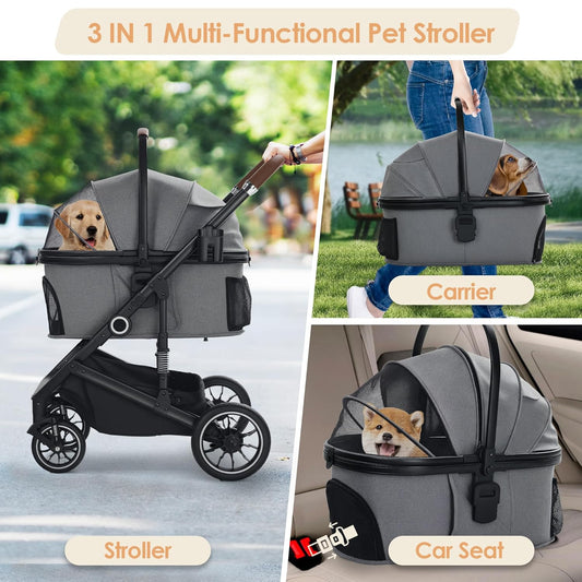 Pet Stroller with 4 Wheels, 3 in 1 Folding Puppy Strollers for Small/Medium Dogs Cats up to 50lbs, Lightweight Pet Travel Carrier with Detachable Cushion, Storage Basket and Cup Holder, Gray - Pawvie