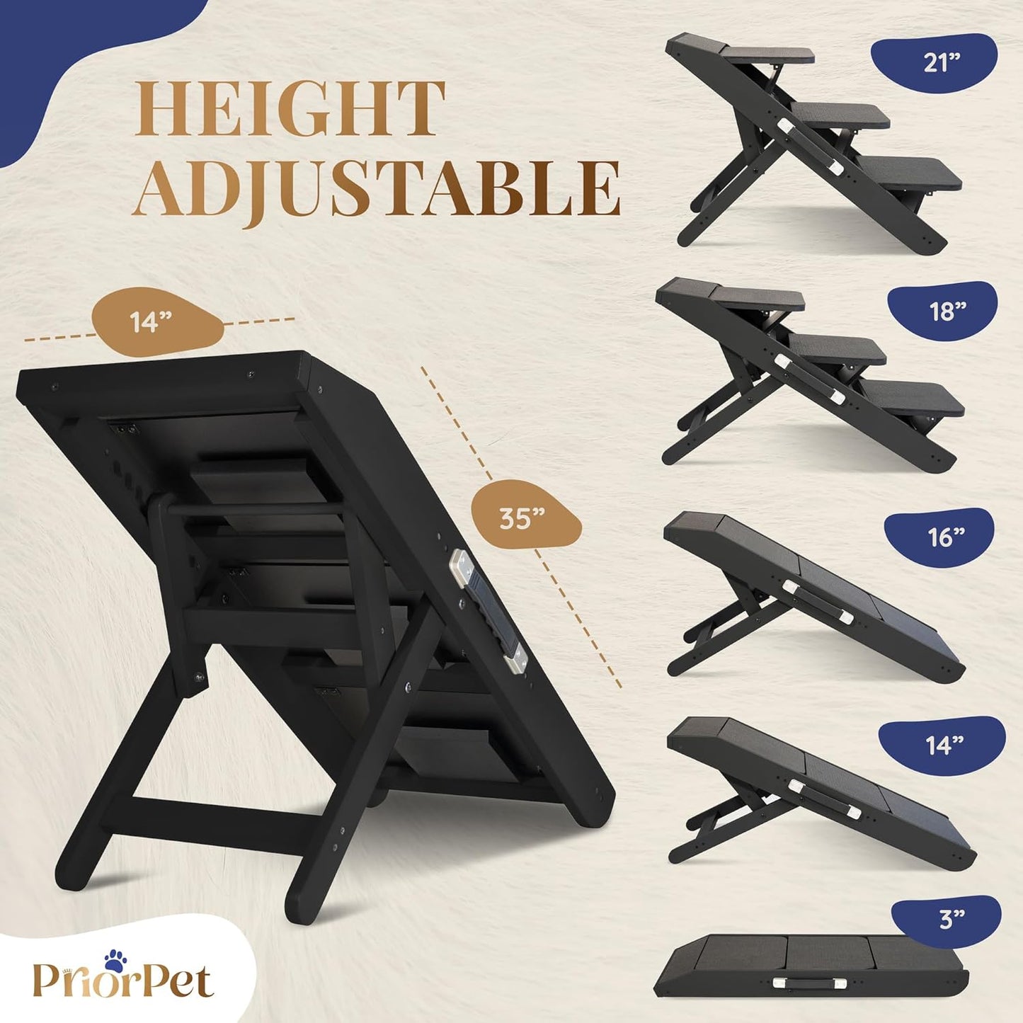 Dog Steps for Bed & Couch 2-in-1 Dog Stairs/Ramp - Height Adjustable Dog Ramp for Couch 7” - 20” - Pet Stairs, Dog Stairs for Small Dogs - Easy to Move Pet Steps with Landing Platform, Black - Pawvie